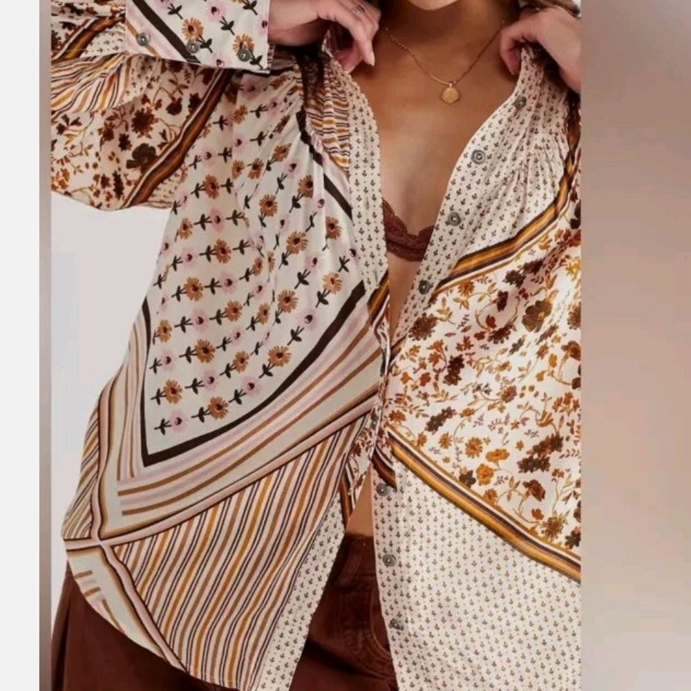 Free People Mixed Floral and Stripe Button-Down Shirt in Cream and Brown - Picture 2 of 8